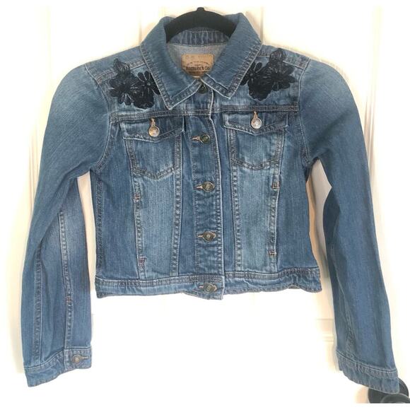 Roebuck & Co. Girl's Embroidered Flowers Jean Jacket Front Pockets Medium 10/12 - Picture 2 of 9